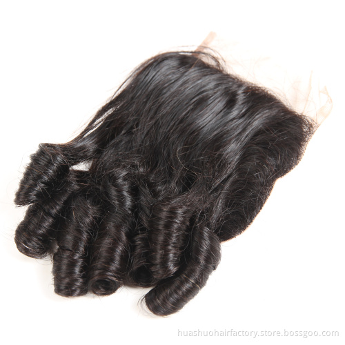 Huashuo 50% OFF High Quality Bleached Knots Natural Part 130 Density Unprocessed Brazilian Fumi Baby Curl Hair Lace Closure